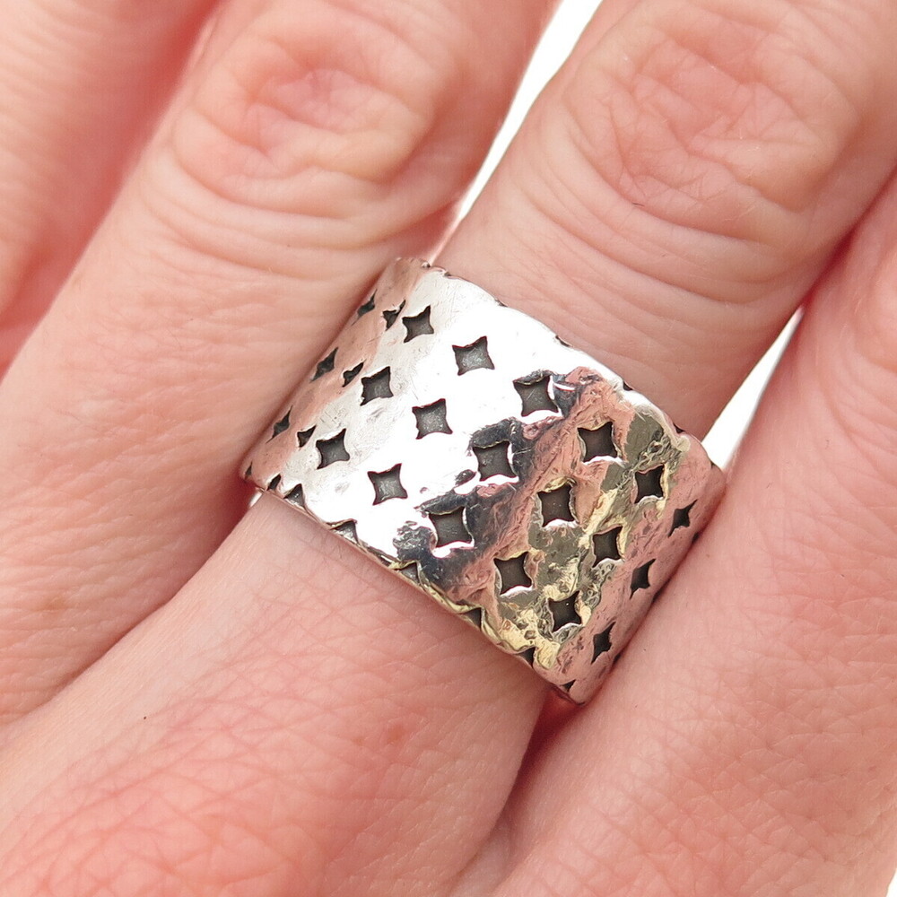 925 Sterling Silver Vintage Dotted Oxidized Wide Band Ring Size 8